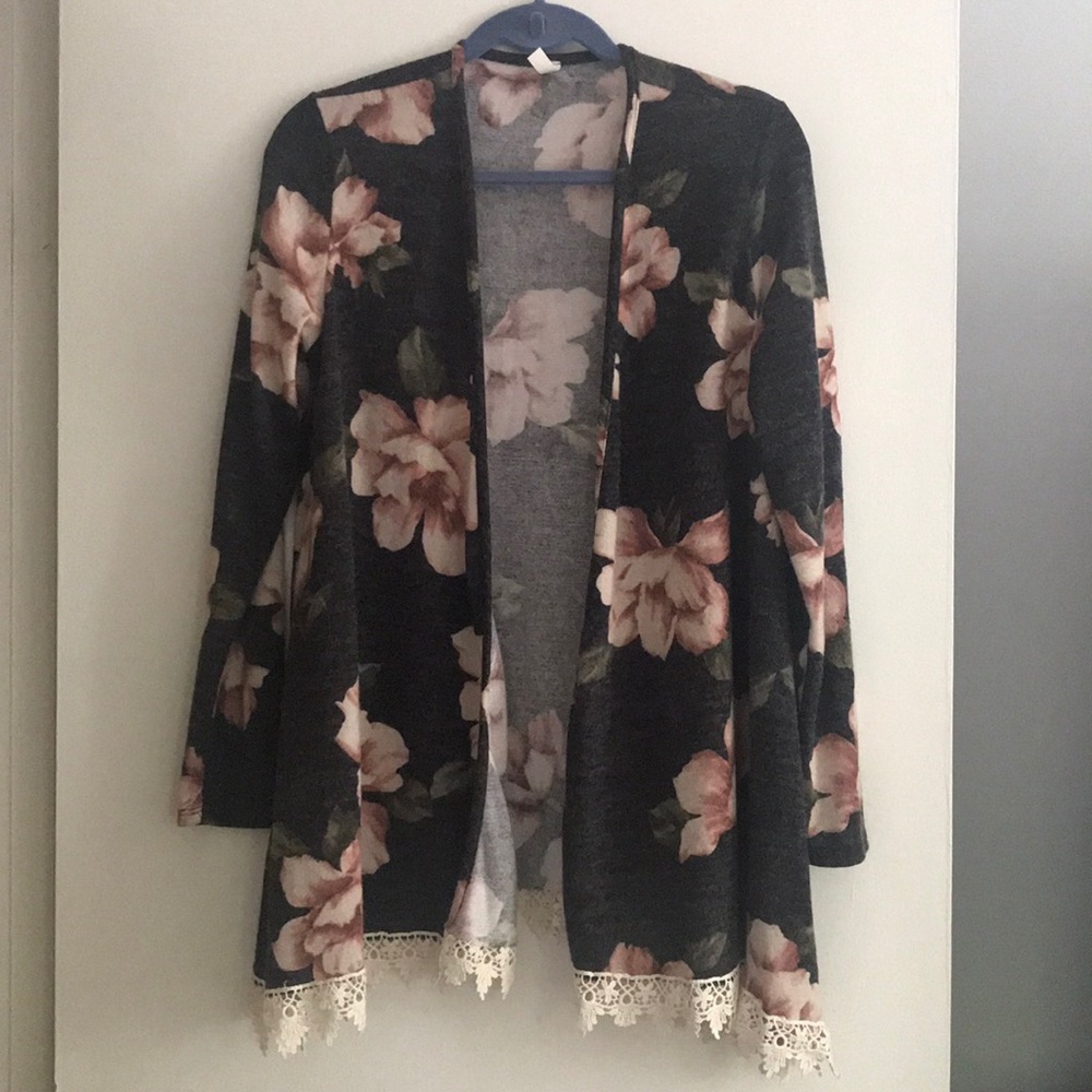 PinkBlush floral pink and grey lace open cardigan